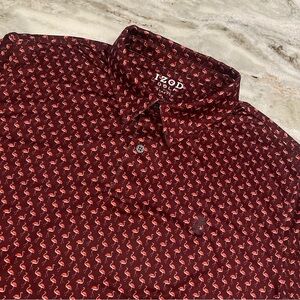 IZOD Golf Performance Polo Mens Large AOP Flamingos Stretch Maroon Short Sleeve